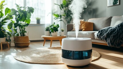 High-capacity humidifier on wooden floor in spacious room with couch and plants