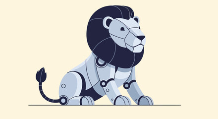 A modern, flat vector illustration of a robotic lion sitting proudly, depicted in shades of blue and grey on a light background.