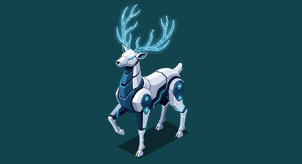A futuristic robotic deer with glowing blue holographic antlers stands on a dark teal background, showcasing advanced technology and artificial intelligence.