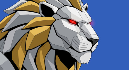 A stylized, robotic lion with glowing red eyes and a metallic mane against a solid blue background.