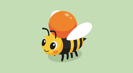 A cute cartoon bee with a yellow and black striped body, white wings, and an orange head, smiling on a light green background.