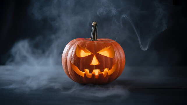 Carved Halloween pumpkin with glowing face and smoke in dark setting