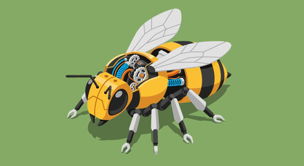 Isometric view of a detailed mechanical bee with visible gears and internal components on a plain green background.