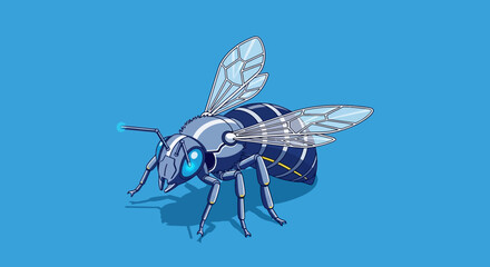 A metallic robotic bee with blue accents is shown in isometric view.