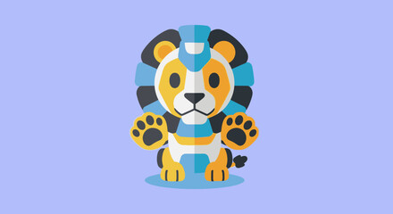 A cute robotic lion cub character with a blue and yellow mane, sitting with its paws up against a lavender background.