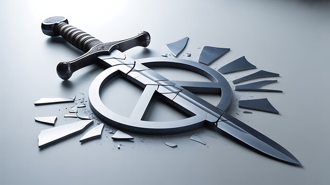 A sword piercing a shattered peace symbol on a neutral surface