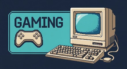 Retro pixel art gaming setup with vintage computer and gaming controller