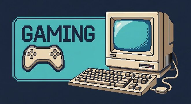 Retro pixel art gaming setup with vintage computer and gaming controller