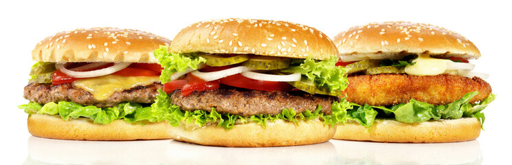 Hamburger, Cheeseburger and Fishburger - Fast Food Panorama isolated on white Background