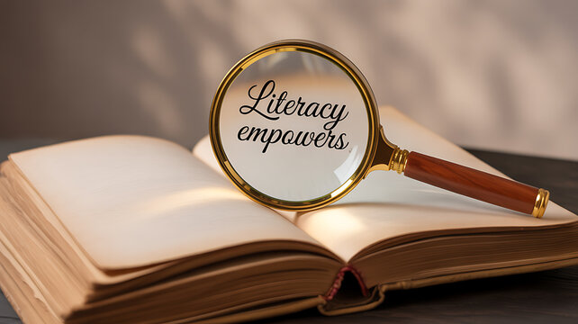 Magnifying glass over open book with 'Literacy empowers' text