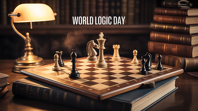 World Logic Day celebration with chessboard, books, and desk lamp in a scholarly setting