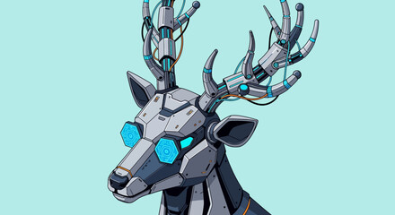 Robotic deer head with glowing blue eyes and intricate mechanical antlers against a light blue background.