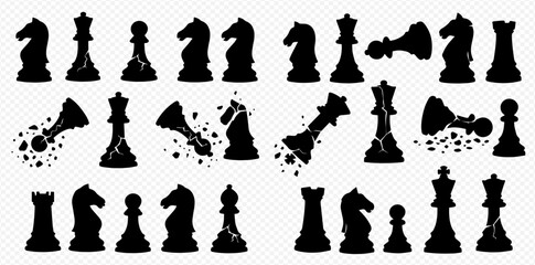 Black silhouette chess pieces arranged in rows, some pieces broken with shattered effect, on a transparent background.