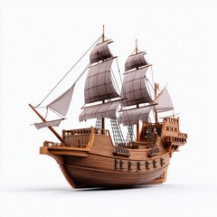 Naklejka premium A detailed wooden ship model, complete with sails and rigging, set against a plain white background, evokes a sense of nautical history.