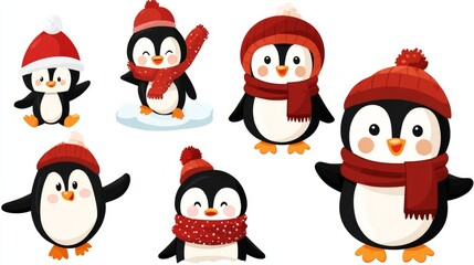 A group of penguins are standing in a row, all wearing hats and scarves. penguin cristmas concept.
