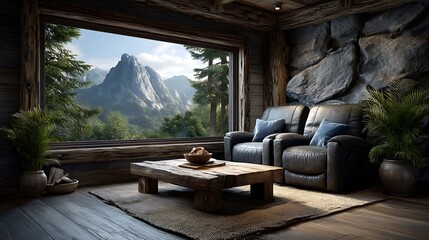 A realistic high-definition photo of a home theater room with recliner chairs and large screen.