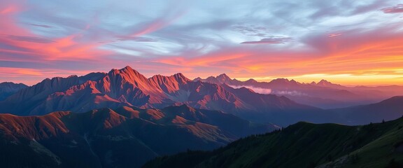 Misty mountain range at sunset, vibrant colors, peaceful, serene
