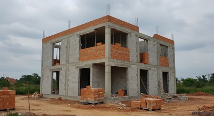 Under construction House or Villa's, Villa's with Concreate Block or bricks, Exterior view of 02 story under construction house with modern design, under construction Home or house House or Villa's, V