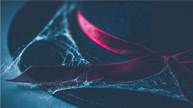 Black witch hat with silver cobwebs and crimson ribbon, embodying Halloween elegance and mystery.