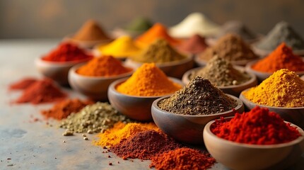 Colorful assortment of ground spices in small wooden bowls on a textured surface