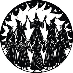 Halloween silhouettes black icon and character vector art of a coven of witches performing a ritual in a circle, surrounded by fire and stars, evoking magic, mystery, and ancient traditions