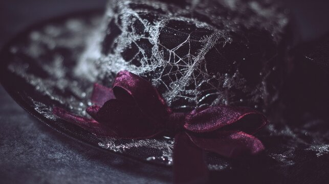 Black witch hat with silver cobwebs and crimson ribbon, embodying Halloween elegance and mystery.