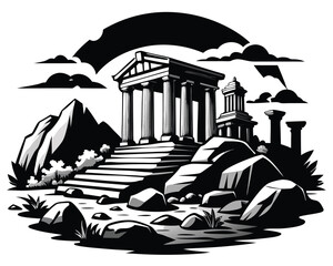 Black and white vector illustration of ancient ruins with architectural details and weathered textures