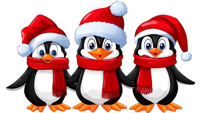 A group of penguins are standing in a row, all wearing hats and scarves. penguin cristmas concept.