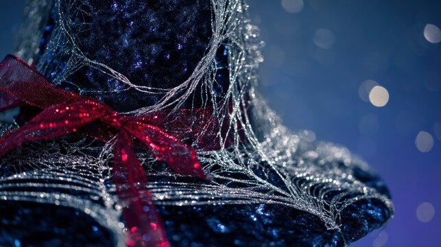 Black witch hat with silver cobwebs and crimson ribbon, embodying Halloween elegance and mystery.
