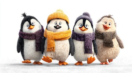 Fototapeta premium A group of penguins are standing in a row, all wearing hats and scarves. penguin cristmas concept.