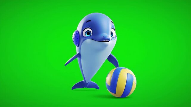 Cartoon dolphin character standing and holding a volleyball against a green screen background.