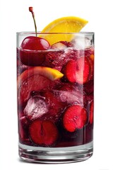 Refreshing, ruby-hued drink garnished with fresh fruit