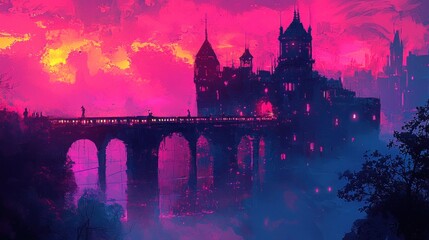 Silhouette castle bridge nighttime fantasy