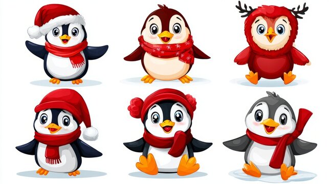 A group of penguins are standing in a row, all wearing hats and scarves. penguin cristmas concept.