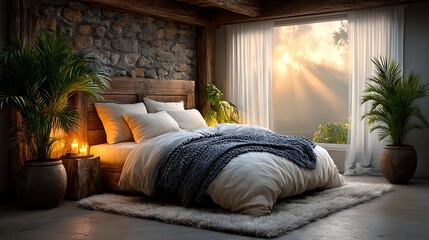 A realistic high-definition photo of a romantic bedroom with sheer curtains and soft lights.