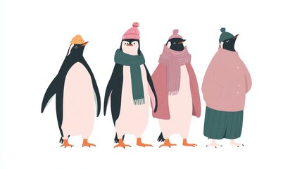 Obraz premium A group of penguins are standing in a row, all wearing hats and scarves. penguin cristmas concept.