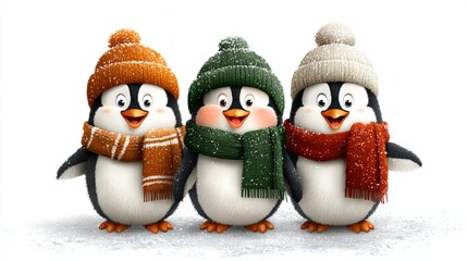 Fototapeta premium A group of penguins are standing in a row, all wearing hats and scarves. penguin cristmas concept.