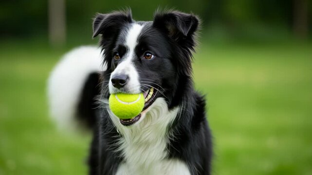 Border collie dog holding a tennis ball in its mouth