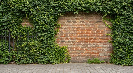 An ivy-covered old brick wall, fence, green creepers, on old stonewall with available copy space, creating a brickwork exterior mockup isolated on white background.