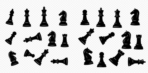 A collection of black chess pieces, including pawns, knights, bishops, rooks, queens, and kings, arranged in two groups.