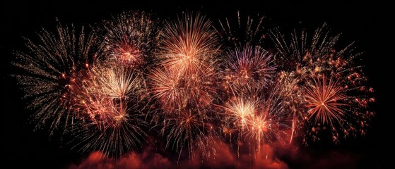 Ethereal Fireworks Display - Crimson and Gold Burst Against Night.