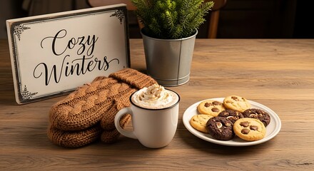 Cozy winter scene featuring a mug of hot chocolate, mittens, cookies, and a sign with the words cozy winters on a wooden table