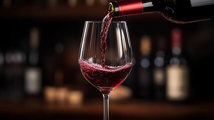 Pouring red wine into a glass with bottles blurred in the background in a dimly lit environment scene