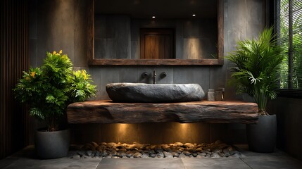 A realistic high-definition photo of a compact bathroom with floating vanity and mirror cabinet.