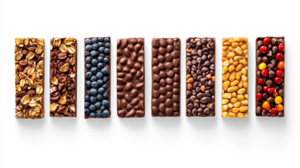 Assorted granola bars with various toppings on Transparent Background