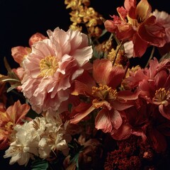 Close-up floral arrangement, warm tones.  Pink, peach, and orange blossoms, dark background
