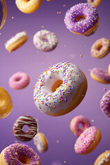 Colorful donuts floating against a purple background, creating a whimsical dessert scene