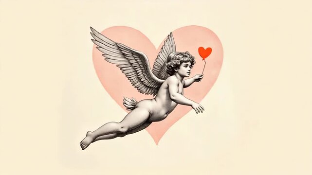 Cherubic angel flying with heart on pastel pink background for Saint Valentines Day  