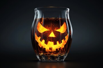 Glowing Pumpkin Face on Glass Filled with Brown Liquid on Dark Background