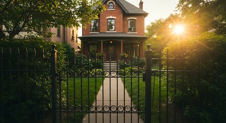 View of iron fence and house exterior in summer, toronto, ontario, canada